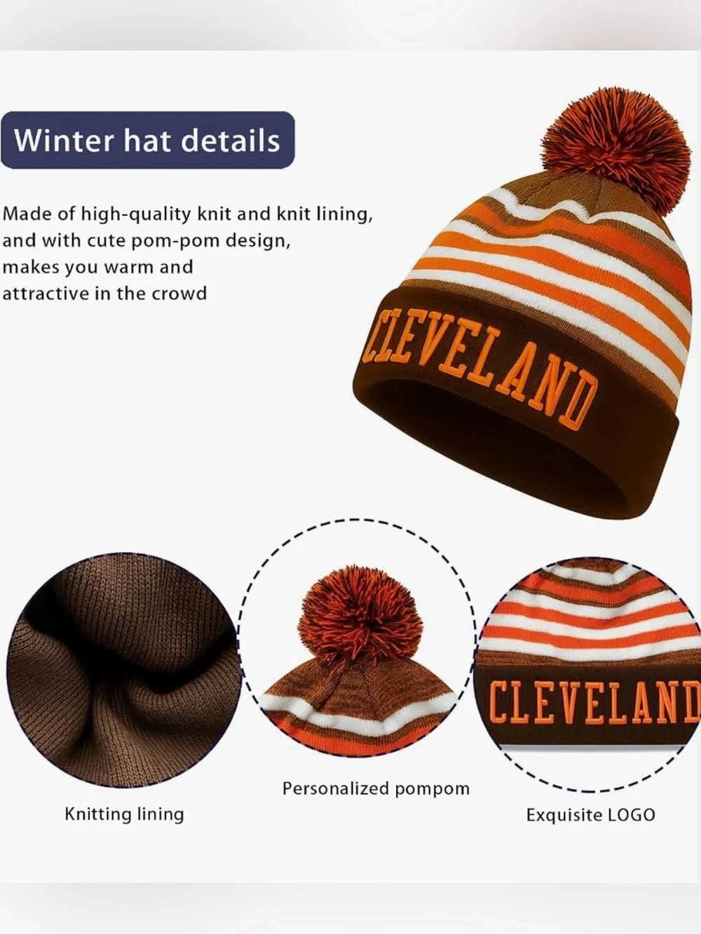 Cleveland Striped Pom Beanie & Gloves Set - Adult- Brown/Orange/White